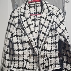 SHEIN Black and White Tweed Plaid Blazer